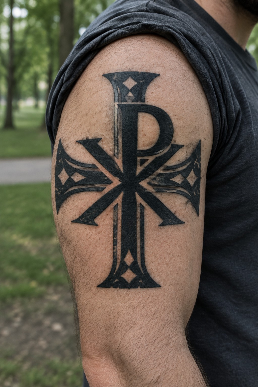 Black stylized cross tattoo with central P on upper arm under gray shirt