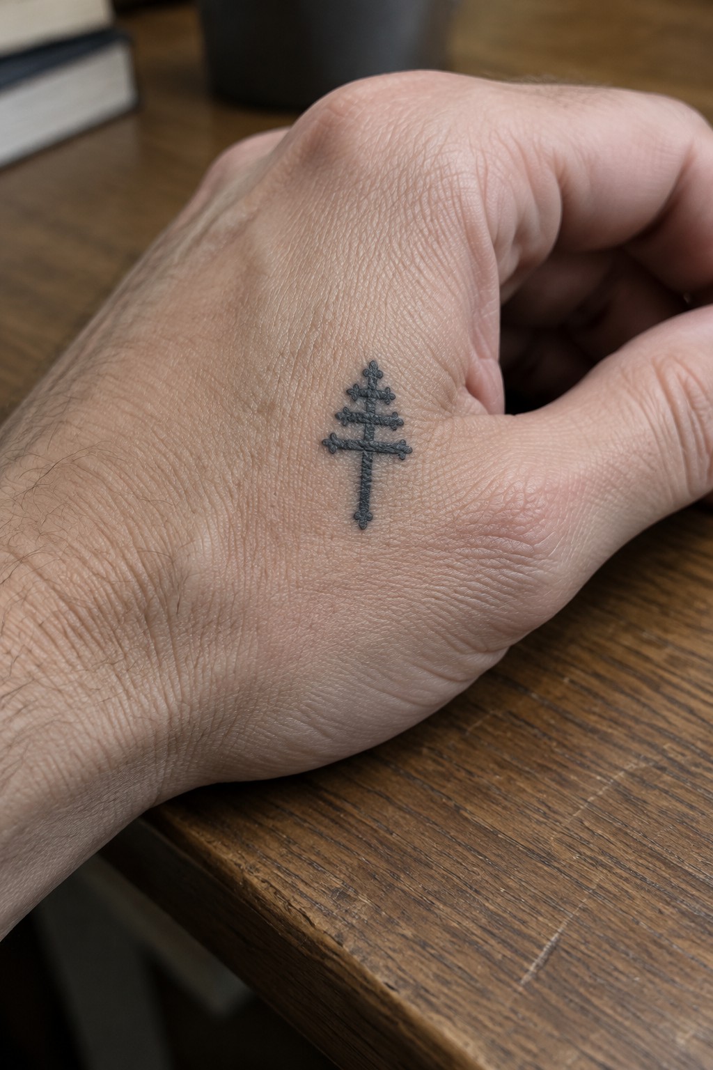 Hand with black cross tattoo resting on wooden table surface.