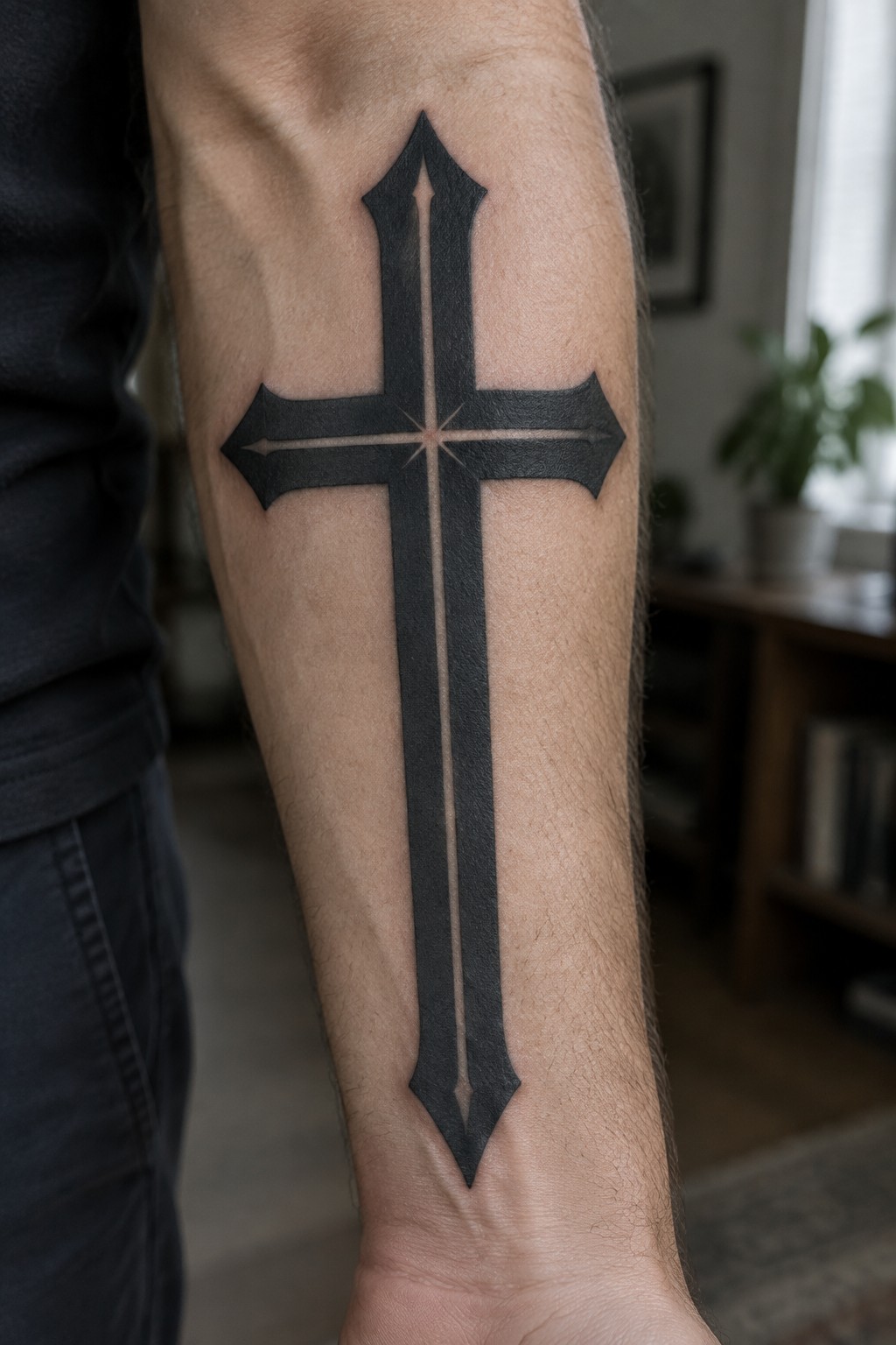 Black cross tattoo with pointed ends and star center on forearm