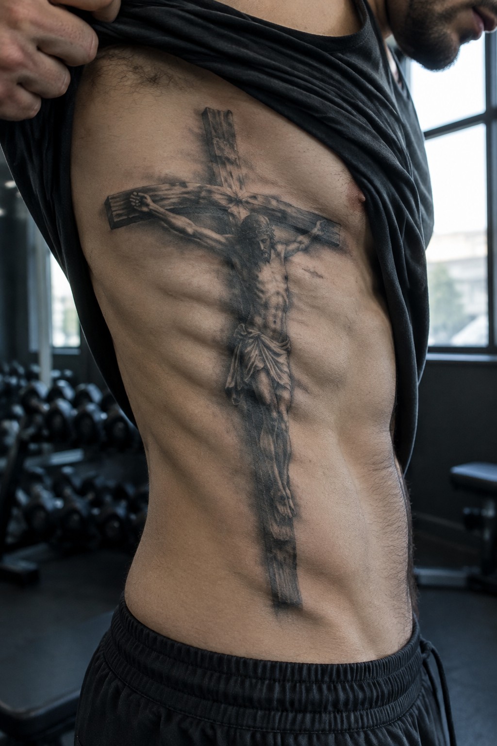 Muscular man lifting black tank top to reveal large Jesus crucifixion tattoo on torso