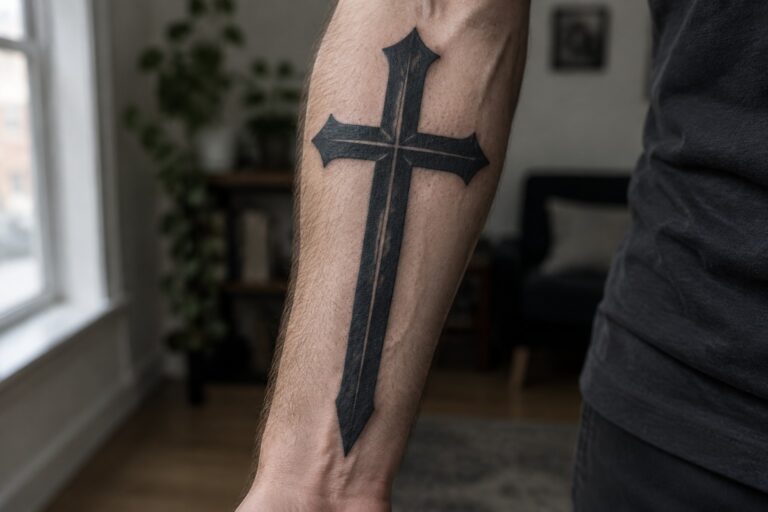 Black cross tattoo with pointed ends and star center on forearm