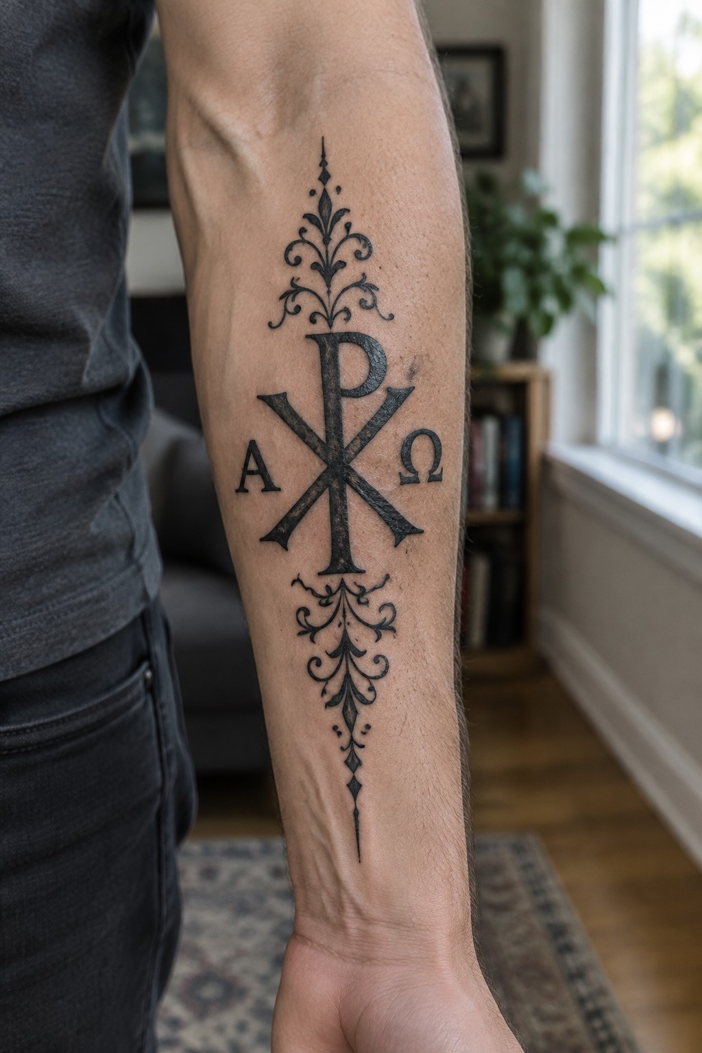 Ornate black Chi-Rho tattoo with Alpha and Omega on forearm
