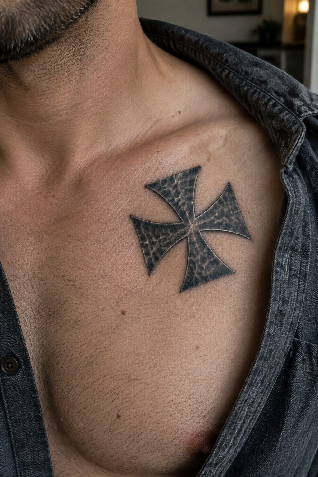 Man's hairy chest with black textured cross tattoo beneath open denim shirt.