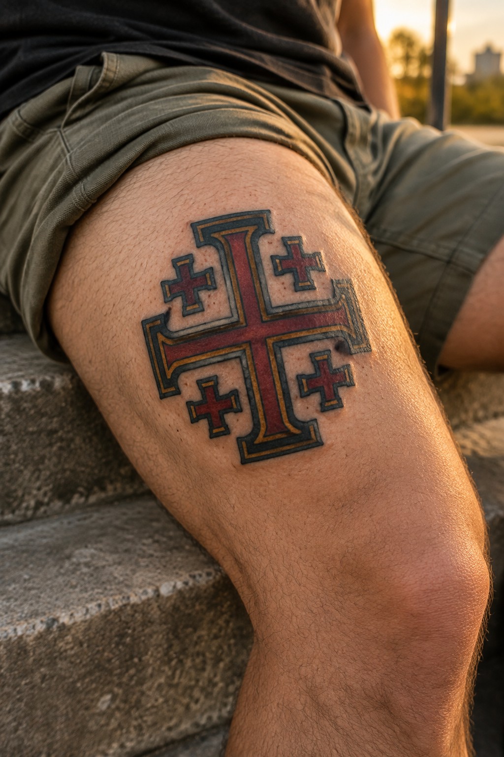 Red and gold cross tattoo on thigh of person in green shorts on steps.