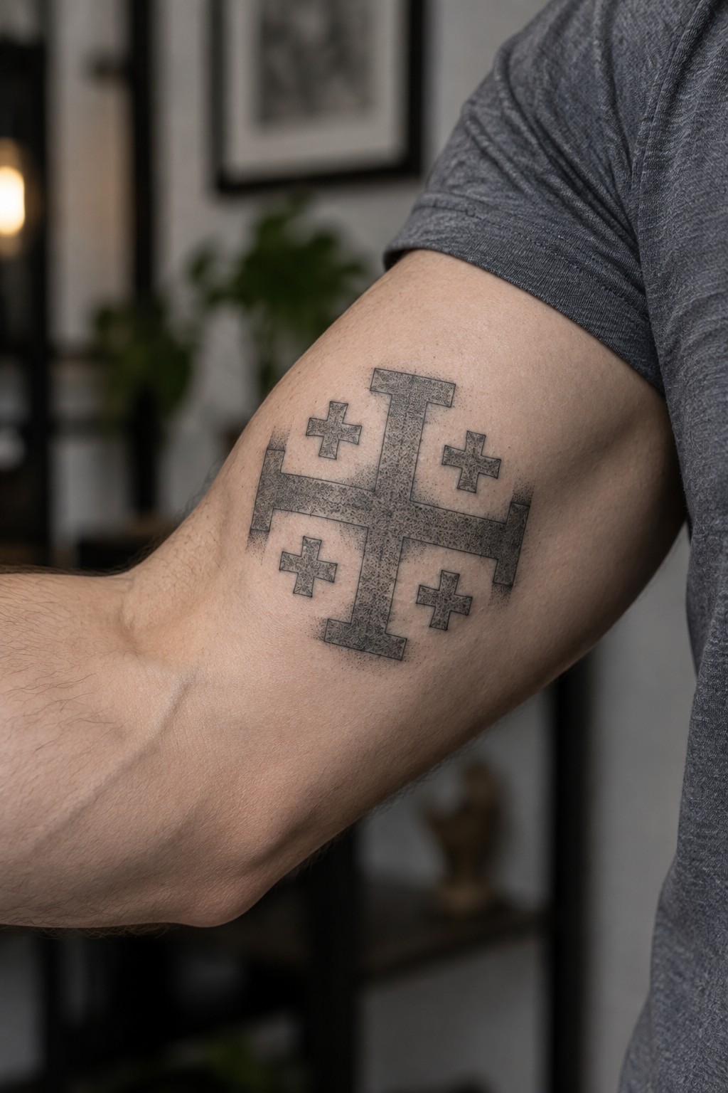 Black cross tattoo with smaller crosses on upper arm in gray shirt
