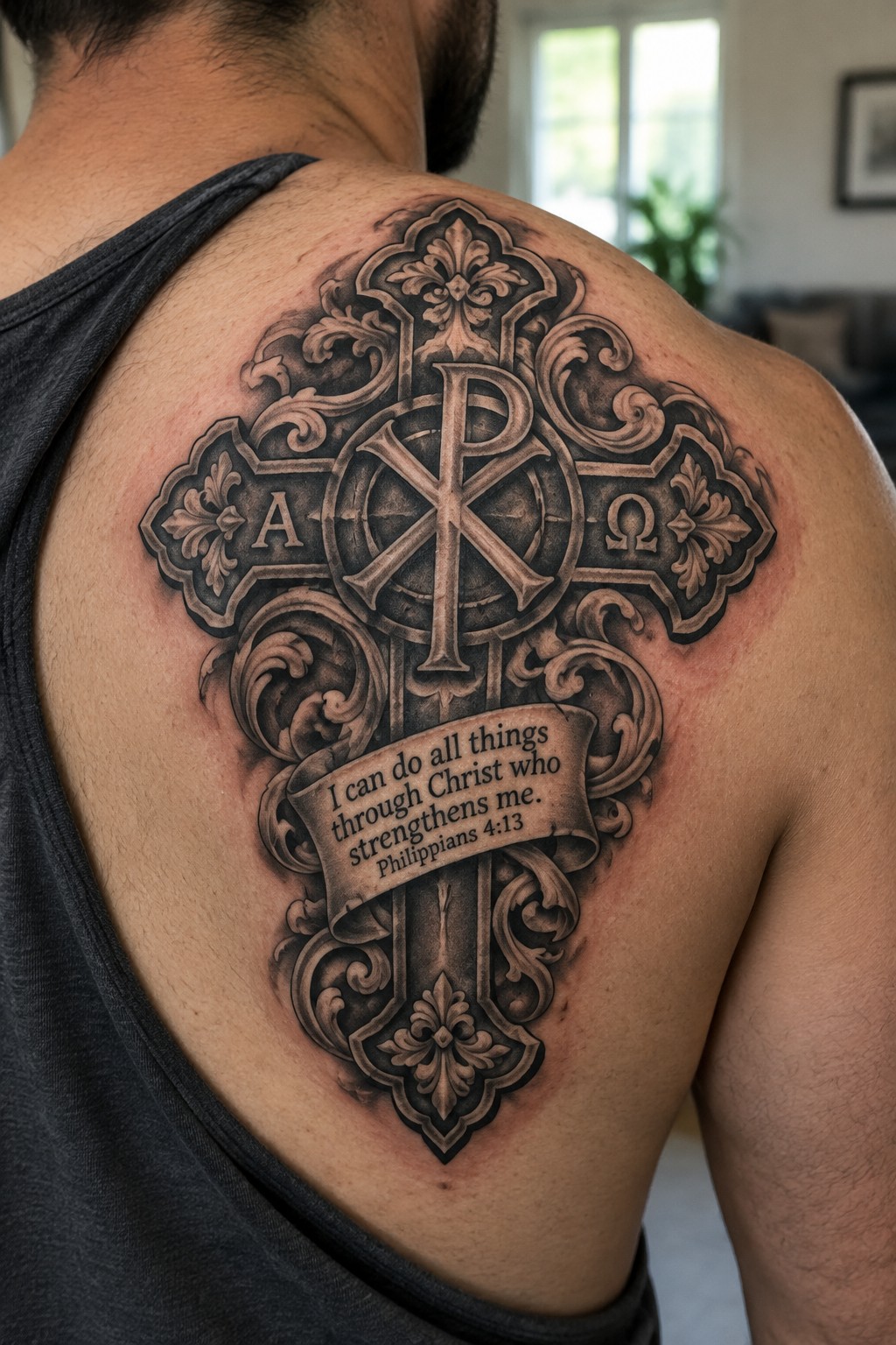 Large black and gray cross tattoo on a man's upper back featuring the Chi Rho symbol, Alpha and Omega, and a Philippians 4:13 banner