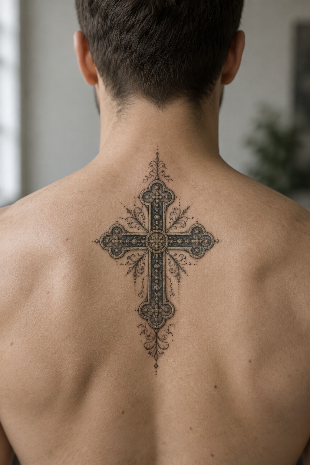 Ornate cross tattoo on bare upper back of person with short hair