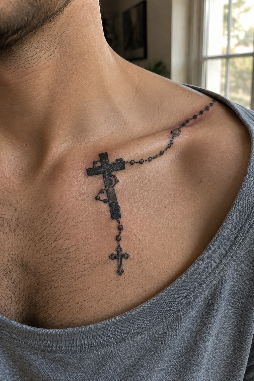 Black rosary bead tattoo with crosses on man's chest over gray shirt