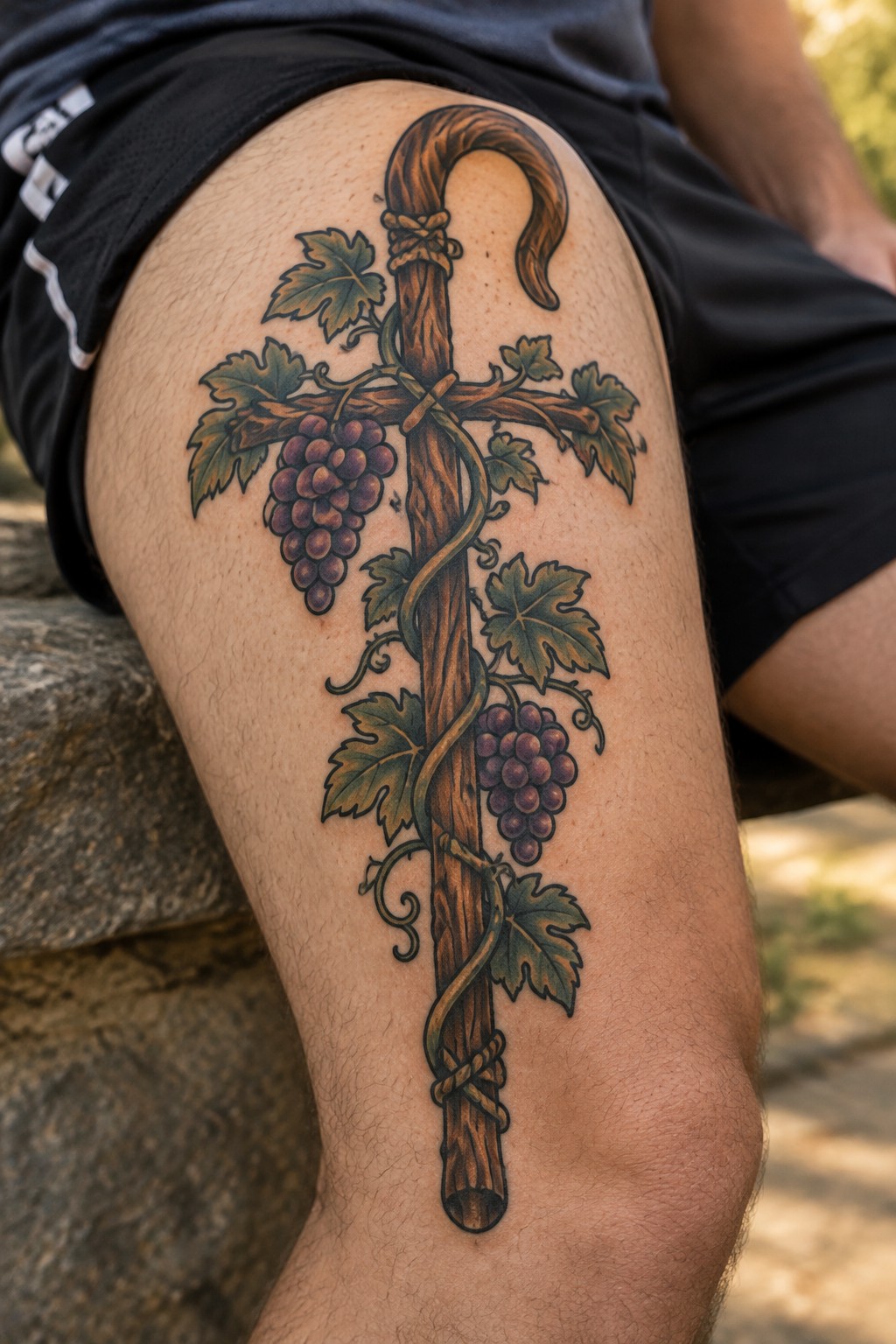 Realistic tattoo of a wooden shepherd staff cross wrapped with grape vines and leaves on a man's upper thigh