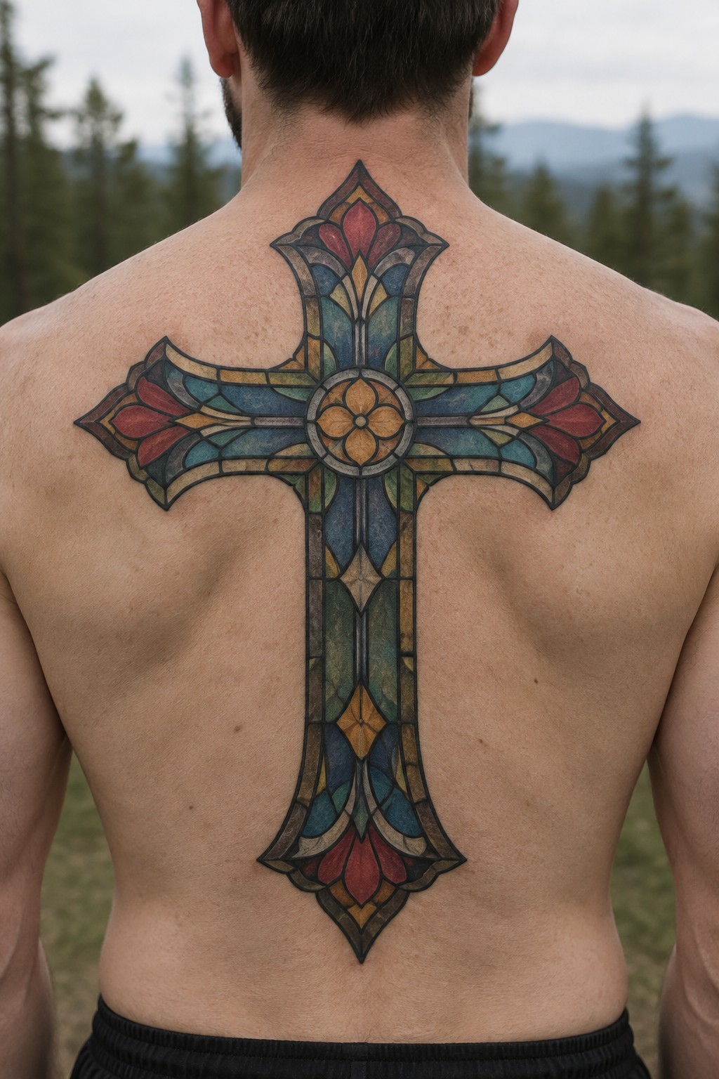 Large stained glass cross tattoo covering a man's upper and mid back with colorful segmented design