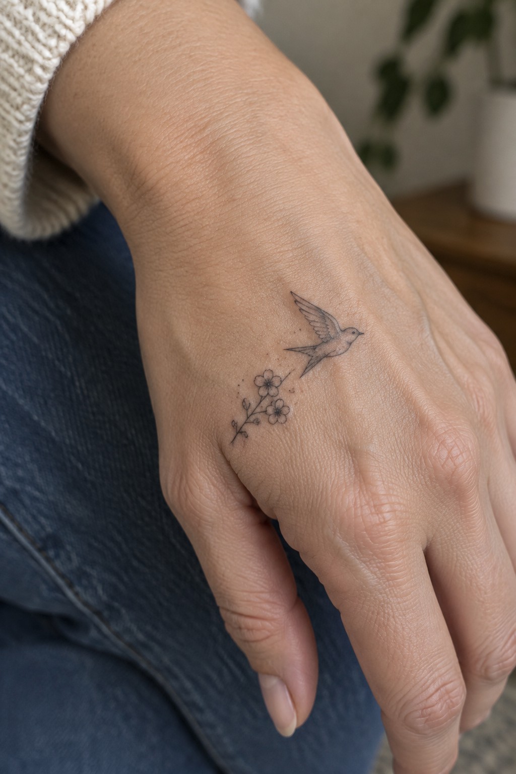 Hand with flying bird and floral tattoo on blue denim, cream sweater cuff visible.
