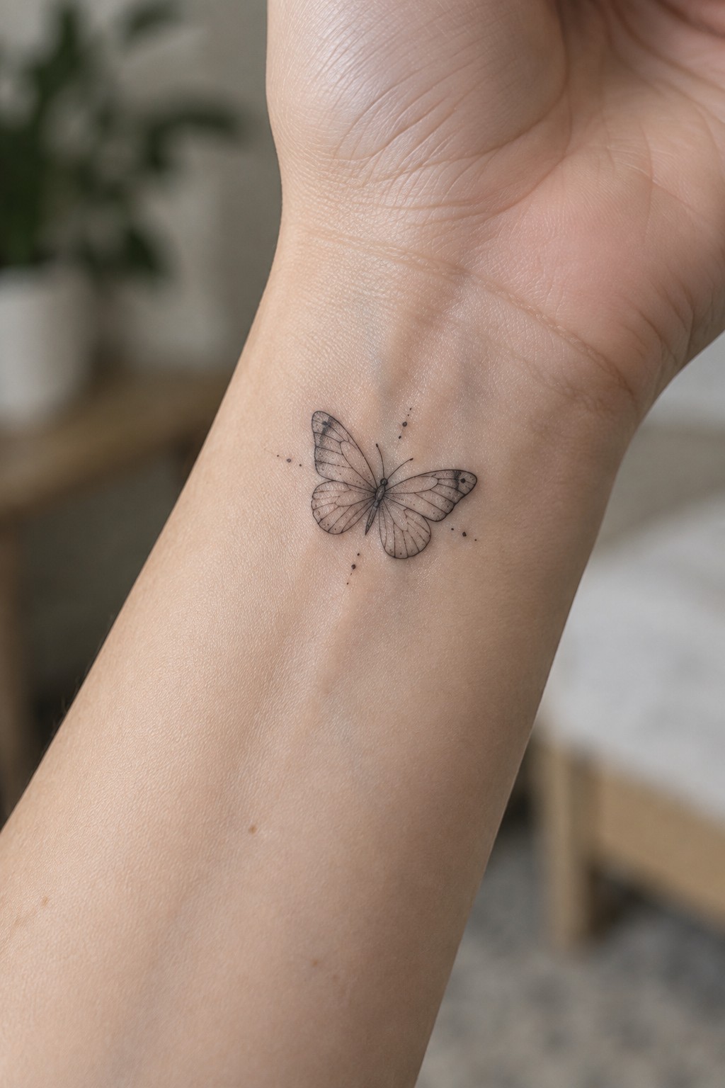 Fine line butterfly tattoo placed on the inner wrist with delicate wing details and small surrounding dots