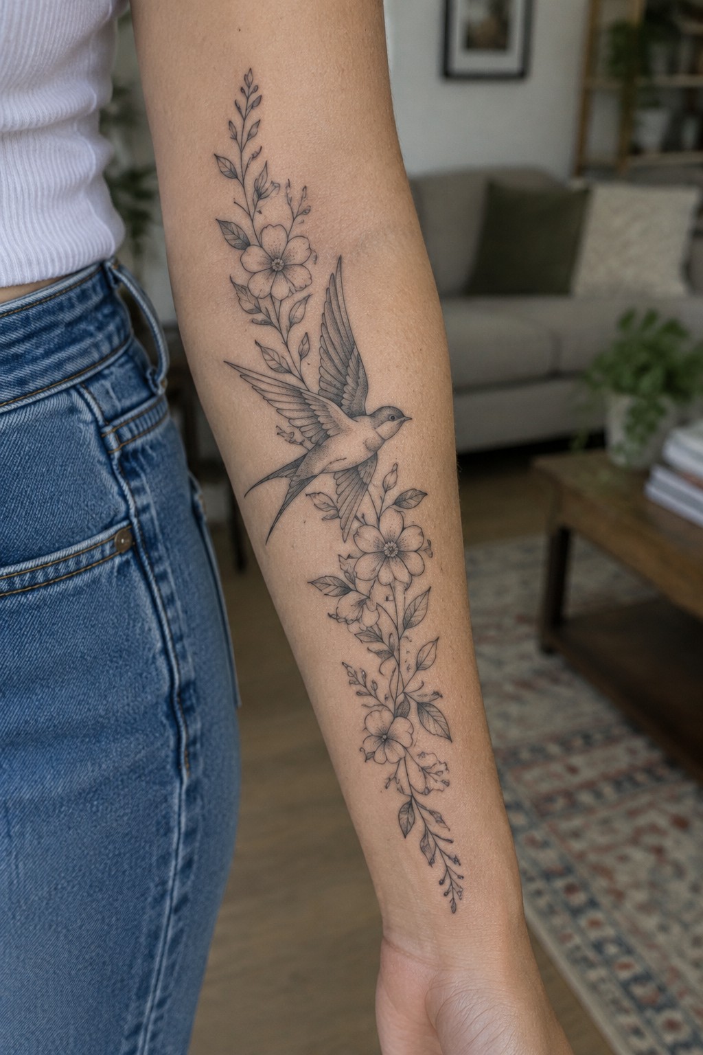 Swallow bird and floral tattoo on forearm beside white top and blue jeans