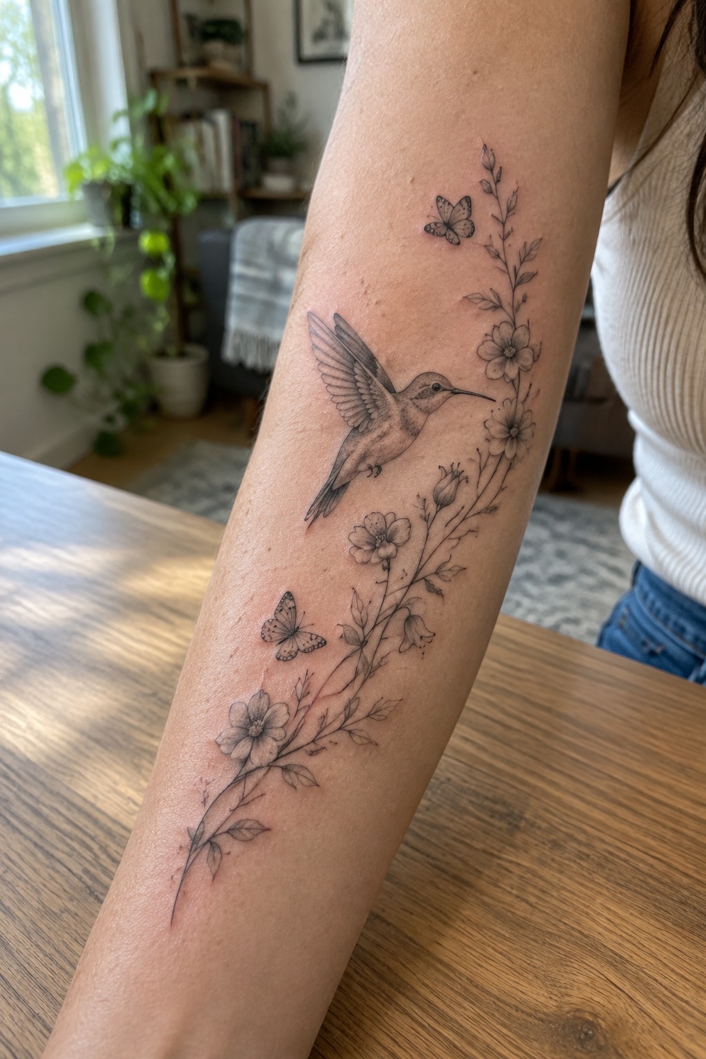 Realistic hummingbird, flowers, and butterfly tattoo on arm over wooden table.
