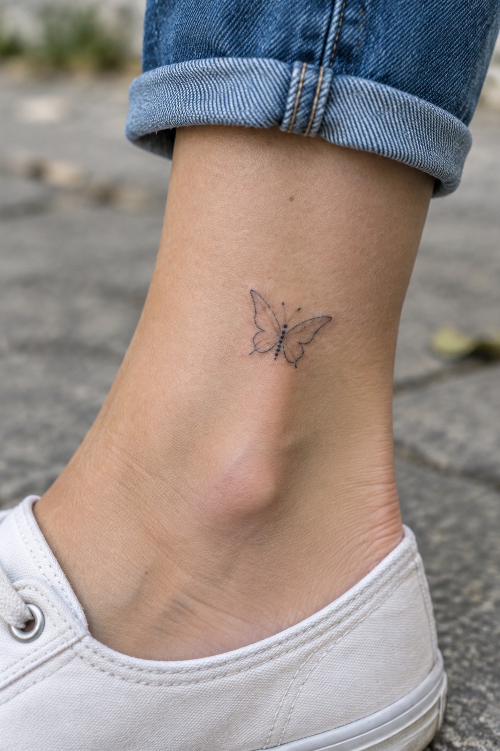 Small butterfly tattoo on ankle with rolled blue jeans and white sneaker