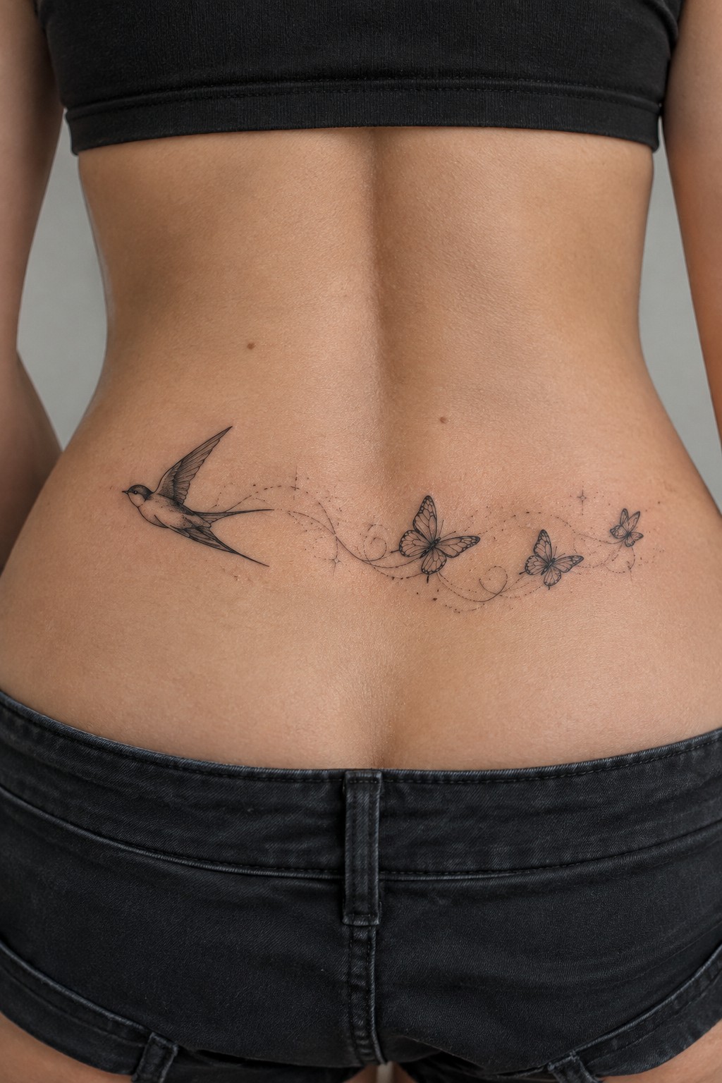 Fine line tattoo showing a bird on the left connected by a dotted swirl to three butterflies on the right across a woman's lower back.