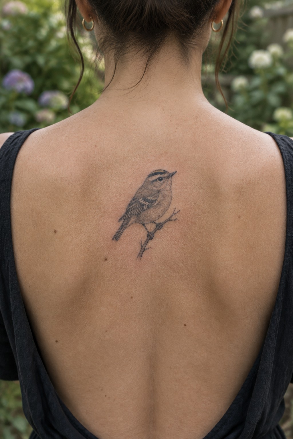 Fine line tattoo of a small bird on a branch placed on the upper back between the shoulder blades