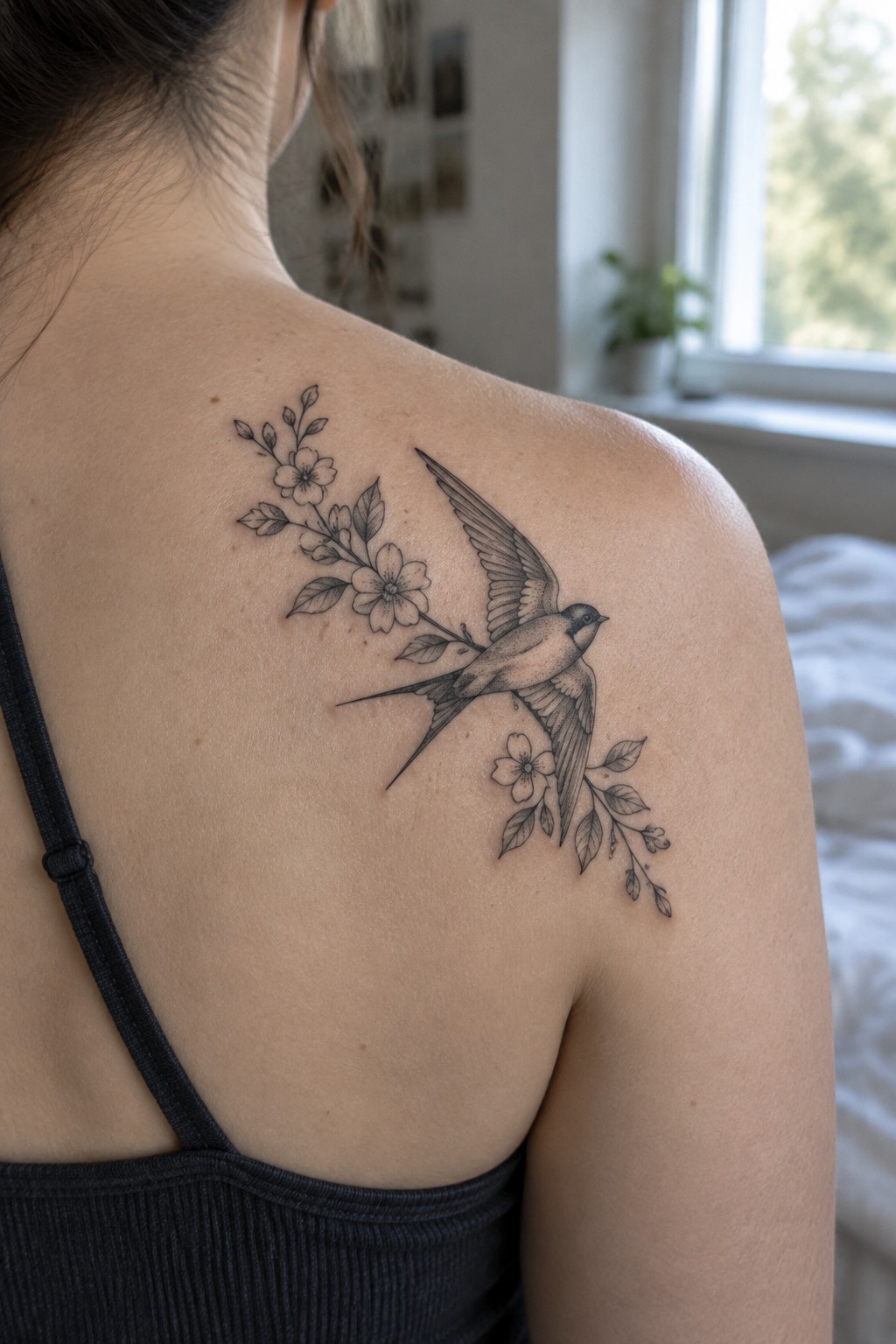 Woman's shoulder with black swallow bird and floral tattoo, wearing dark tank top