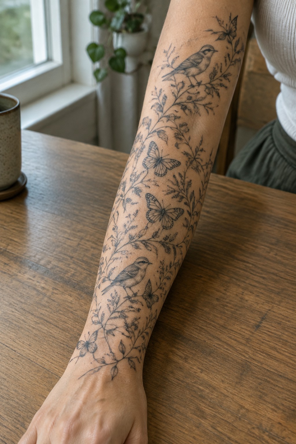 Arm in white ribbed sleeve with bird and butterfly tattoos on wooden table