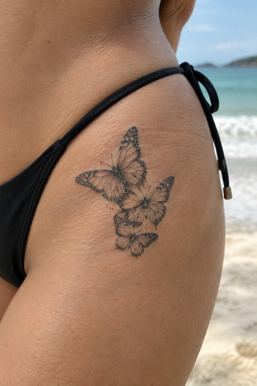 Fine line tattoo of three overlapping butterflies on a woman's upper thigh near the hip, set against a beach background.