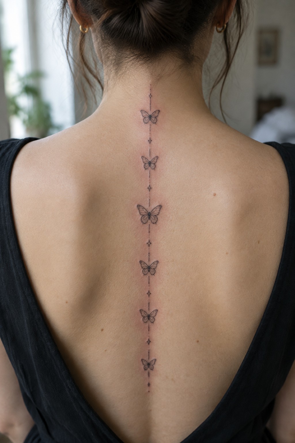 Woman's back with vertical butterfly tattoo along spine, wearing black top.