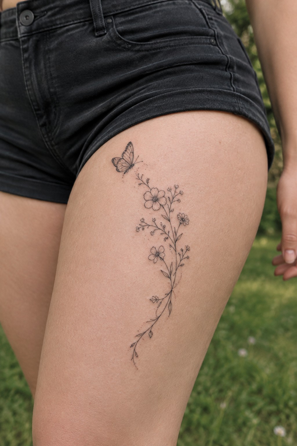 Black denim shorts with butterfly and wildflower tattoo on thigh.