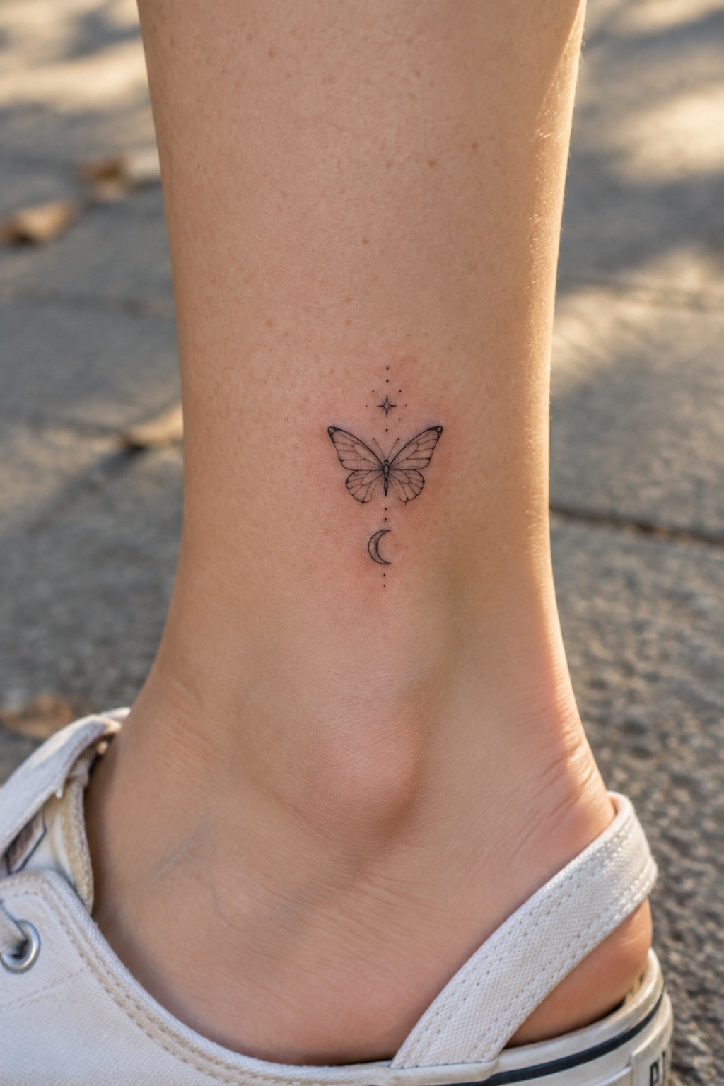 Butterfly and crescent moon tattoo on ankle above white canvas shoe on pavement