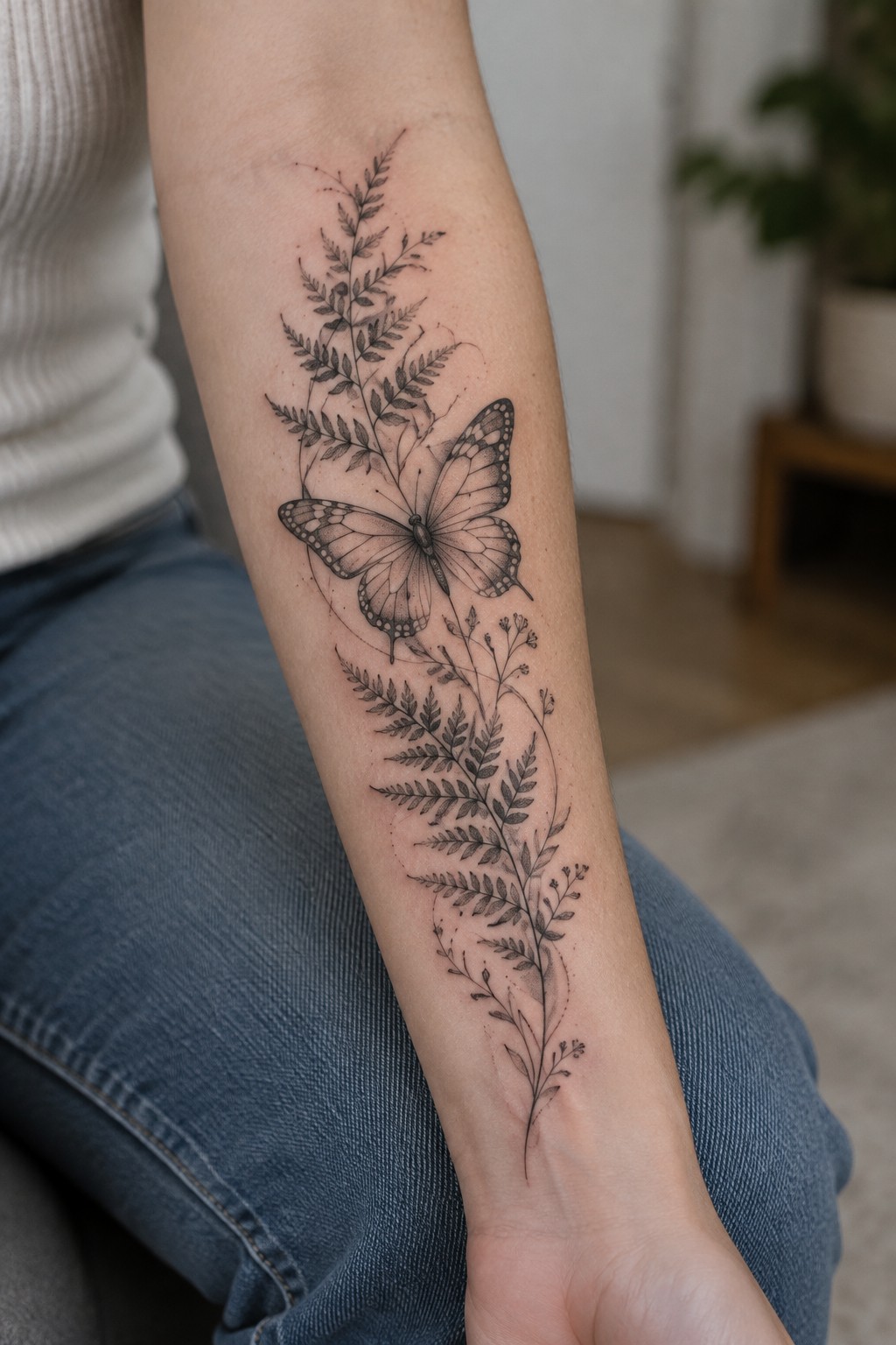 Black and gray butterfly with ferns tattooed on arm in jeans and white top.