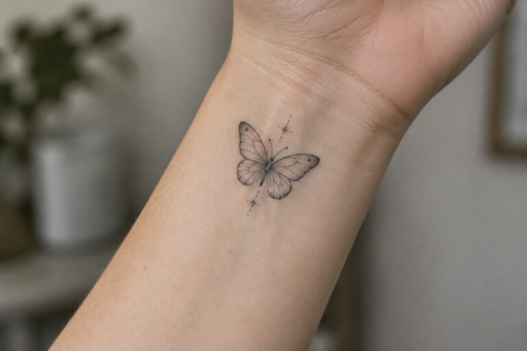 21 Charming Fine Line Butterfly and Bird Tattoos for Women Inspired by Nature Fine line butterfly tattoo placed on the inner wrist with delicate wing details and small surrounding dots