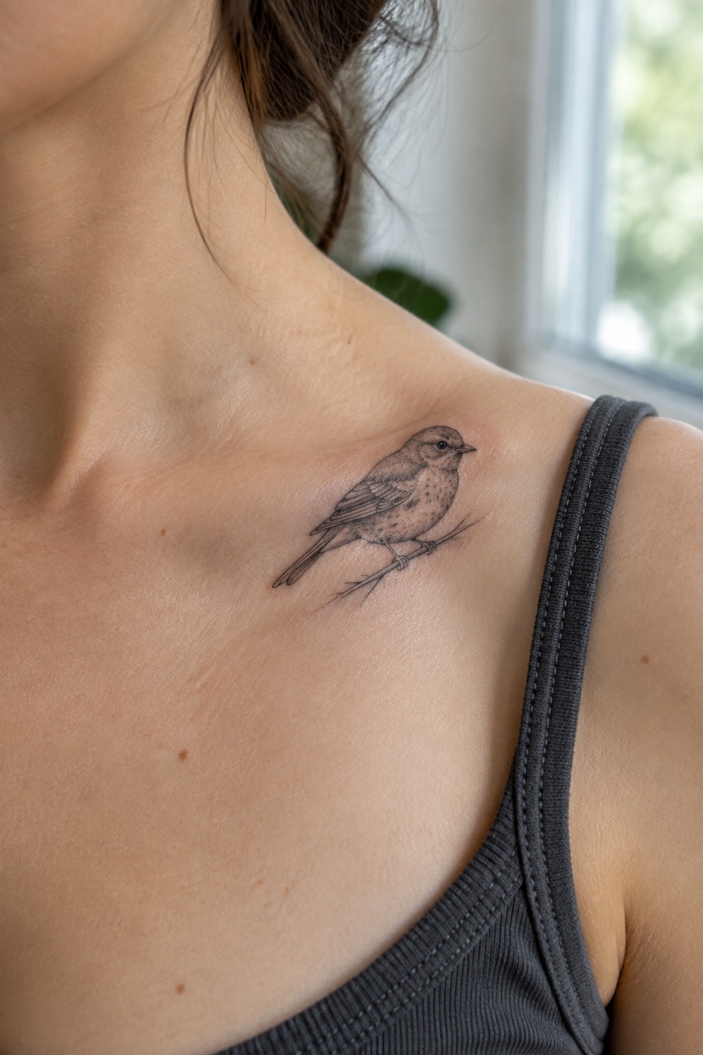 Detailed bird-on-branch tattoo on shoulder beside gray tank top strap.