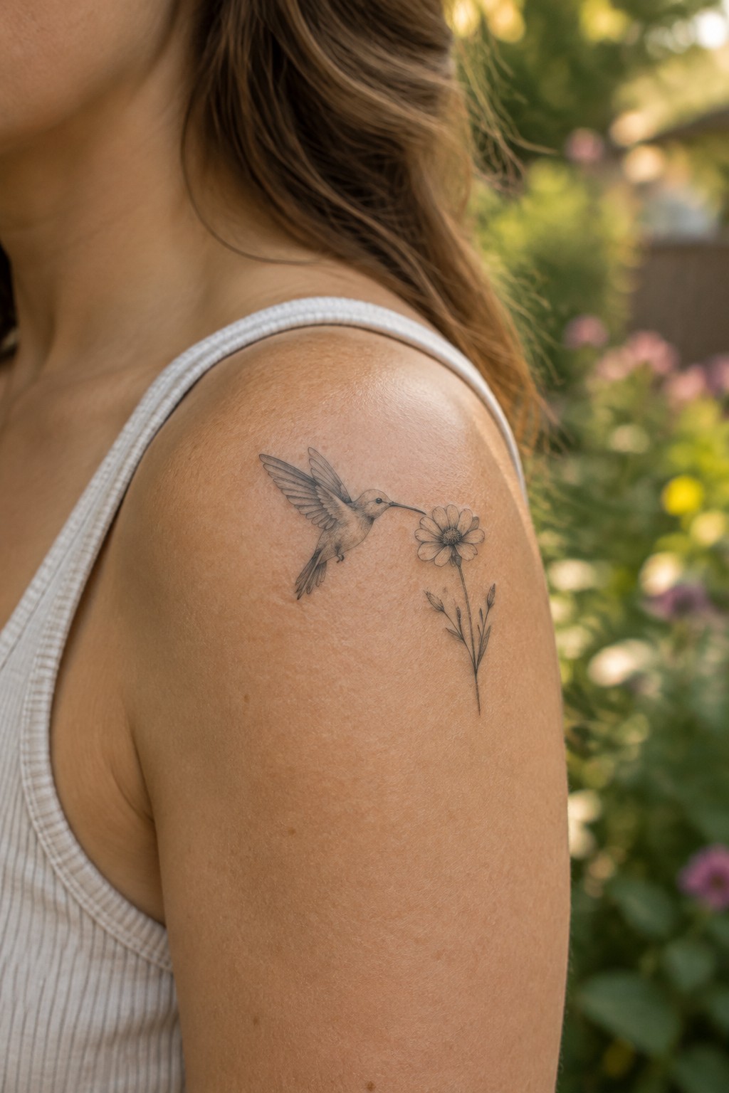Woman's shoulder with hummingbird-flower tattoo beside small stem, white tank top visible