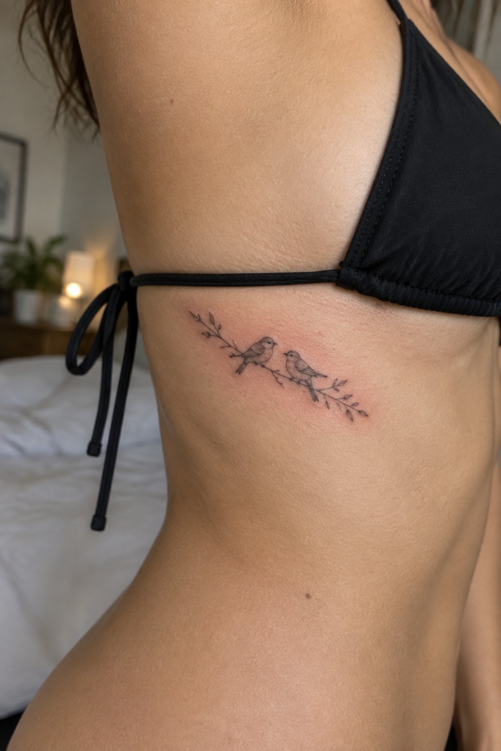 Two birds on branch tattoo on ribs under black bikini top