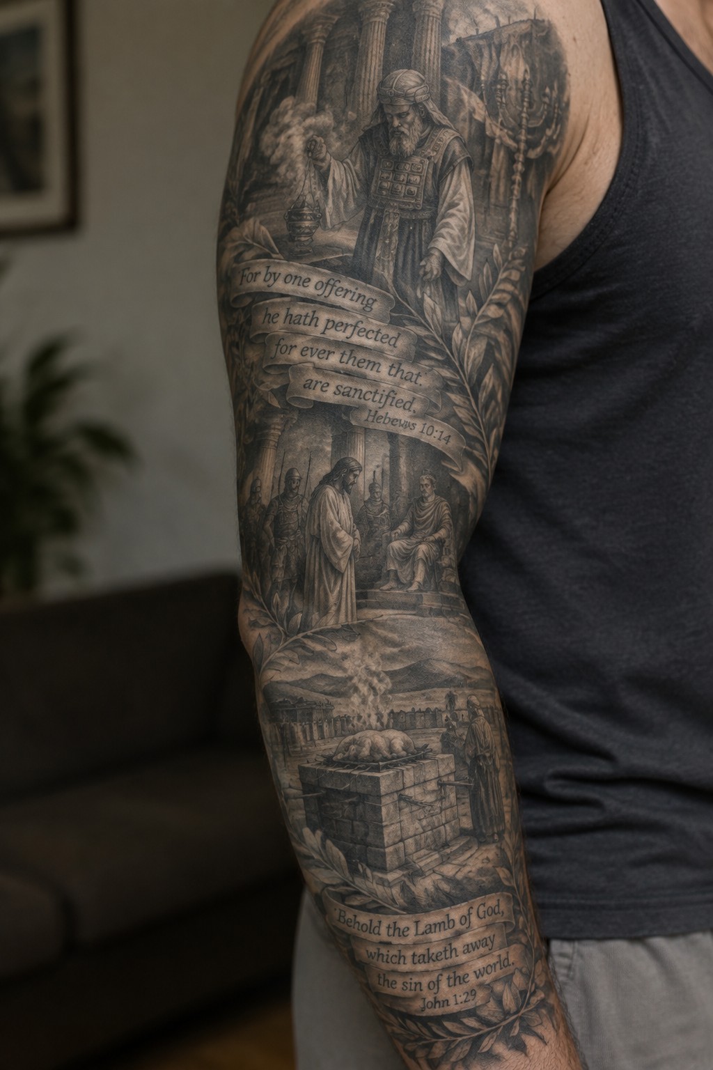 Black and gray sleeve tattoo showing three stacked biblical scenes with scripture banners on a man's arm.