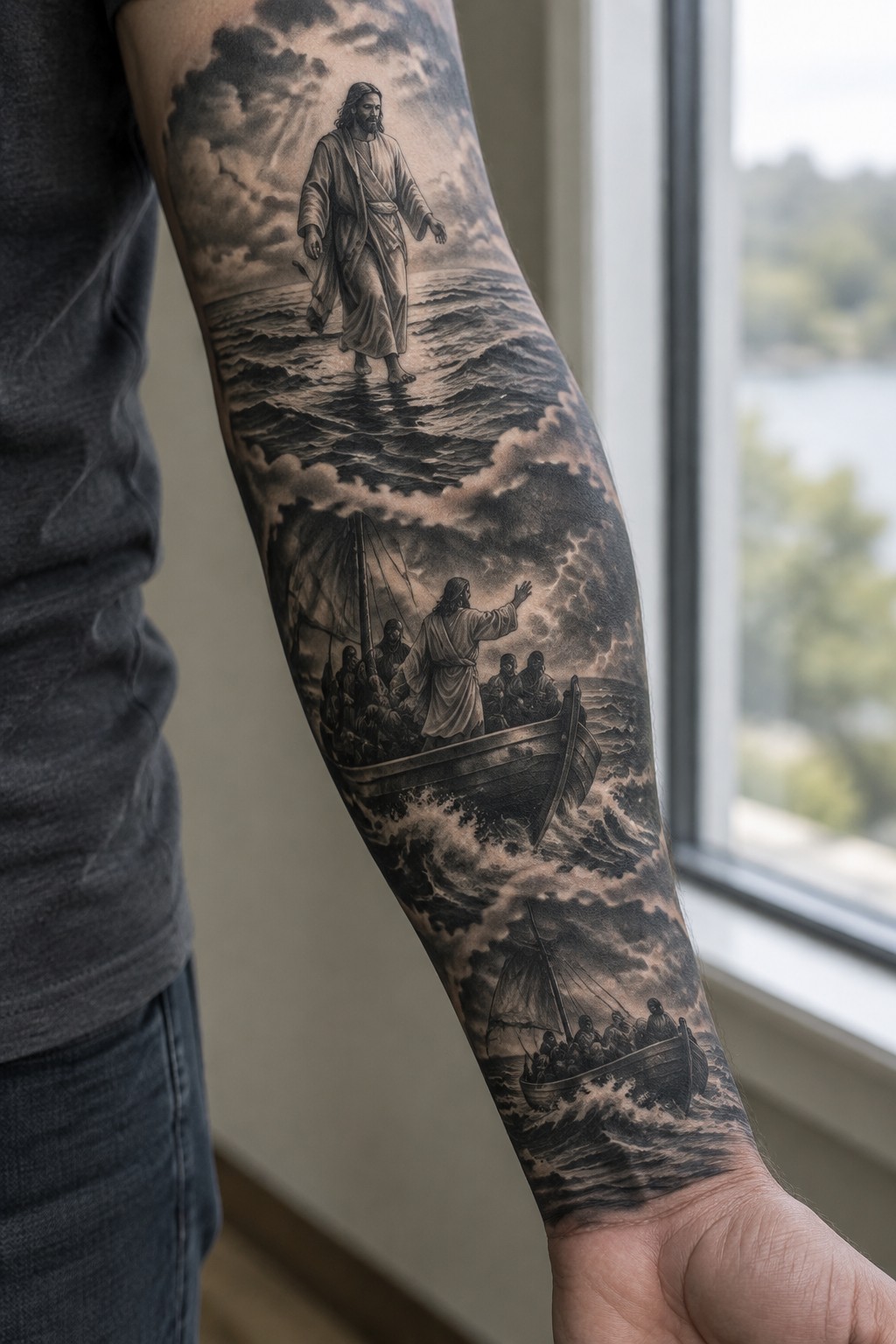 Black and gray realistic sleeve tattoo showing three connected scenes of Jesus walking on water and calming the storm with disciples in a boat.