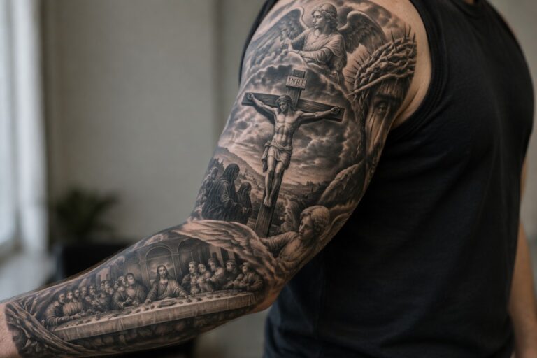 21 Creative Christian Sleeve Tattoos for Men Built Around Layered Biblical Scenes Full sleeve tattoo on a man's arm showing layered biblical scenes with the crucifixion in the center, angels above and below, and the last supper near the elbow in black and gray realism.