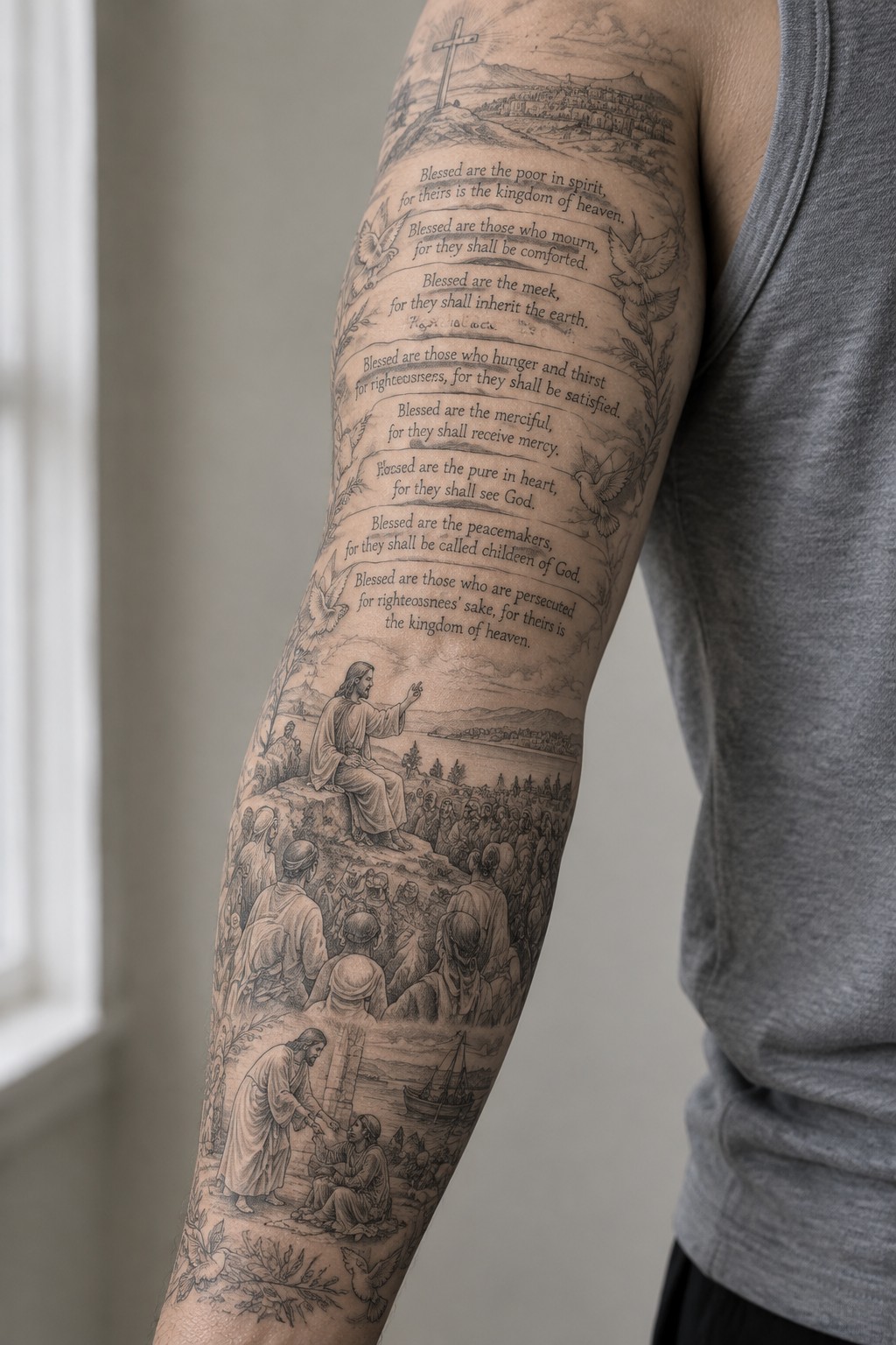 Black and grey full sleeve tattoo on a man's arm showing the beatitudes with stacked verses, doves, and layered scenes of Jesus teaching and healing.