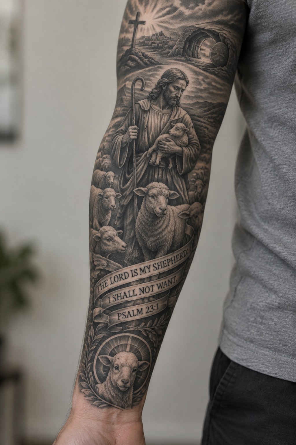 Monochrome arm tattoo of Jesus as shepherd with sheep, cross, tomb and Psalm 23:1 banner.