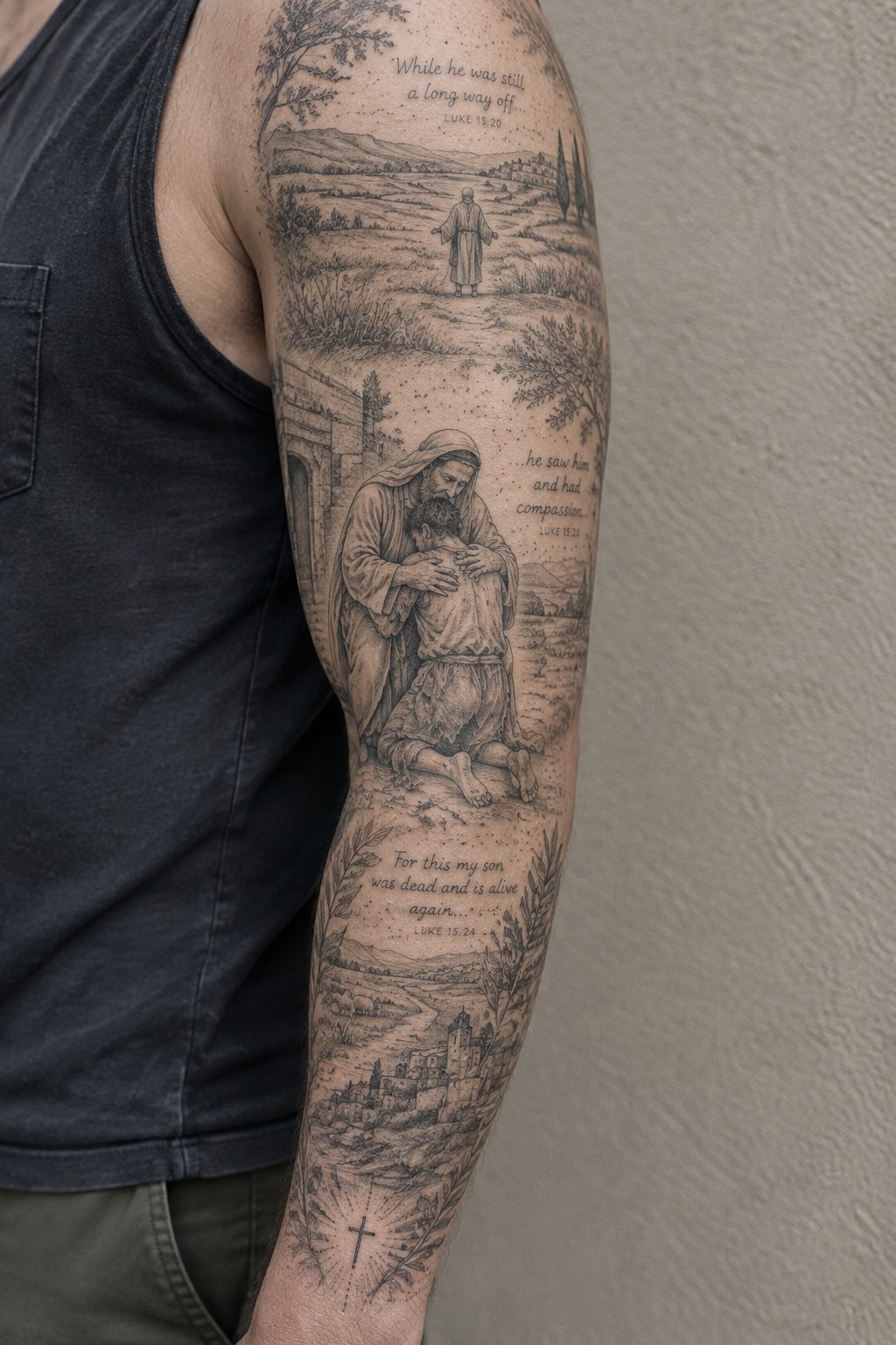 Black tank top and detailed grayscale tattoo of Prodigal Son parable on arm