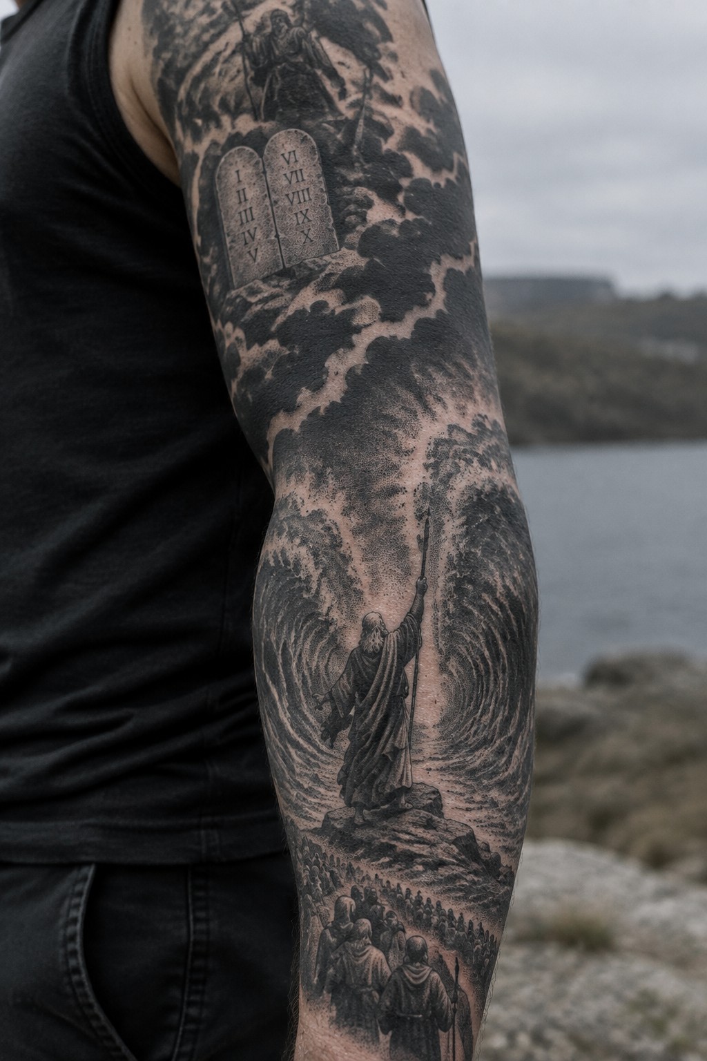 Black tank top arm with grayscale tattoo of Moses parting sea holding staff and commandments tablets.