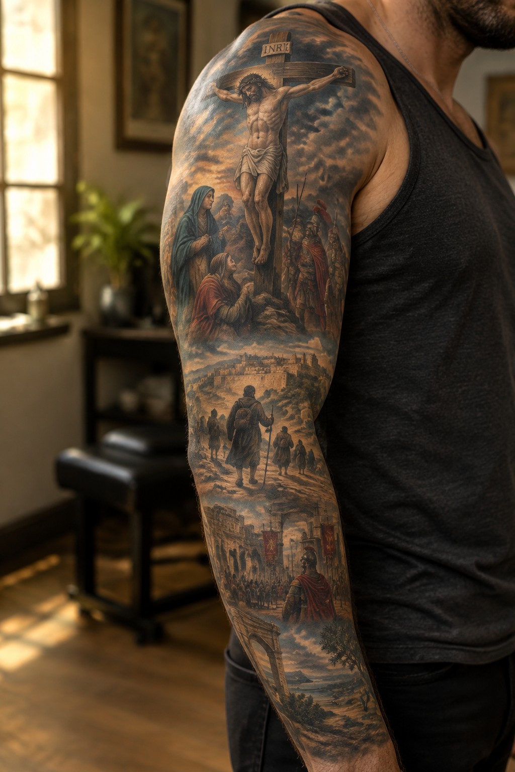 Full sleeve tattoo on a man's arm showing the crucifixion at the shoulder with layered biblical scenes of followers a city and soldiers below in realistic style