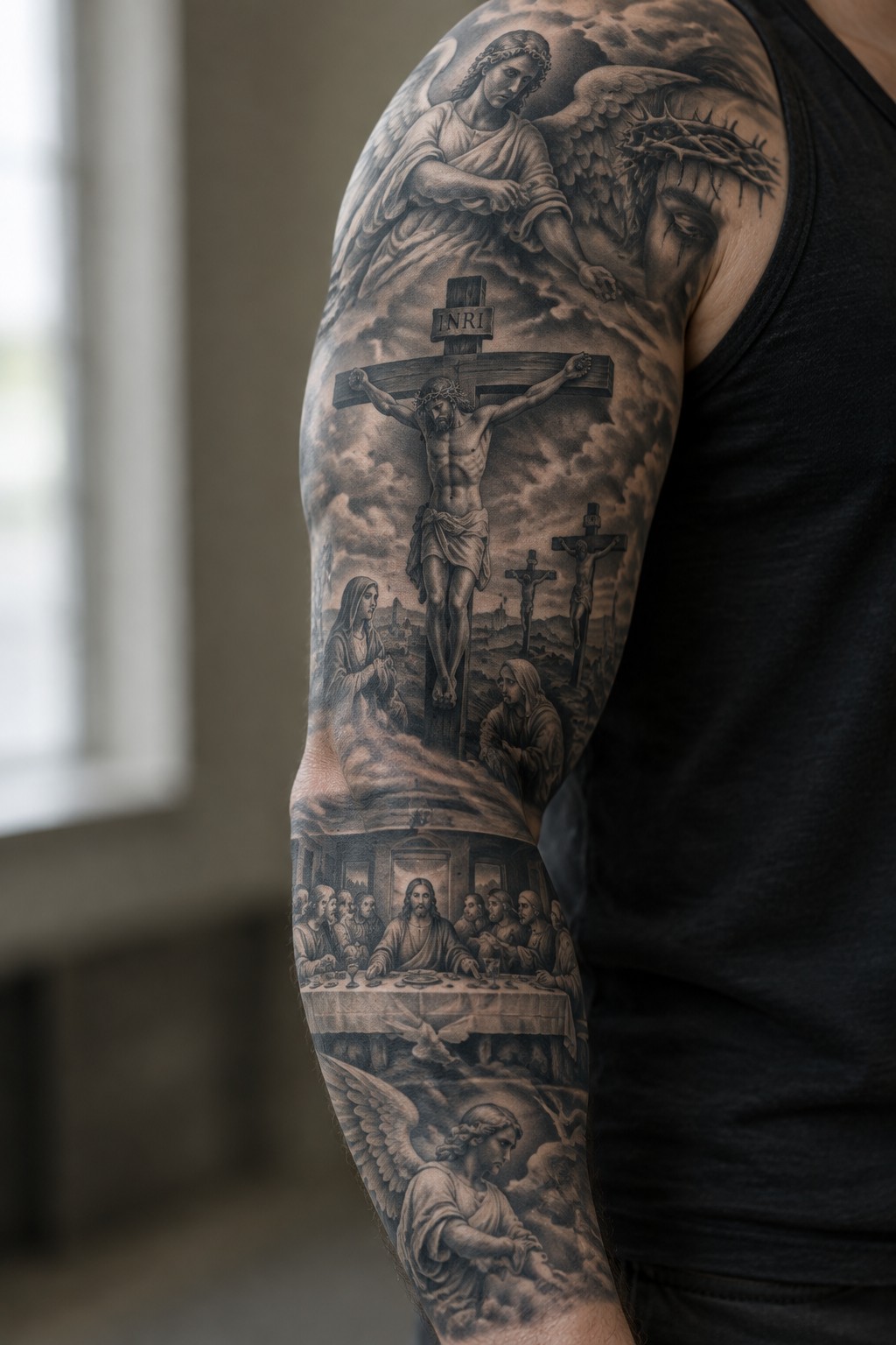 Full sleeve tattoo on a man's arm showing layered biblical scenes with the crucifixion in the center, angels above and below, and the last supper near the elbow in black and gray realism.