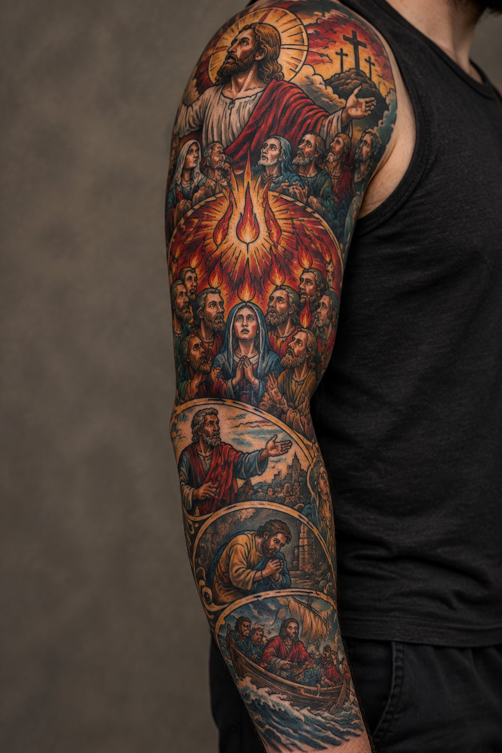 Full sleeve tattoo on a man's arm showing layered biblical scenes with Jesus, apostles, Pentecost flames, and smaller vignettes of gospel moments in color.