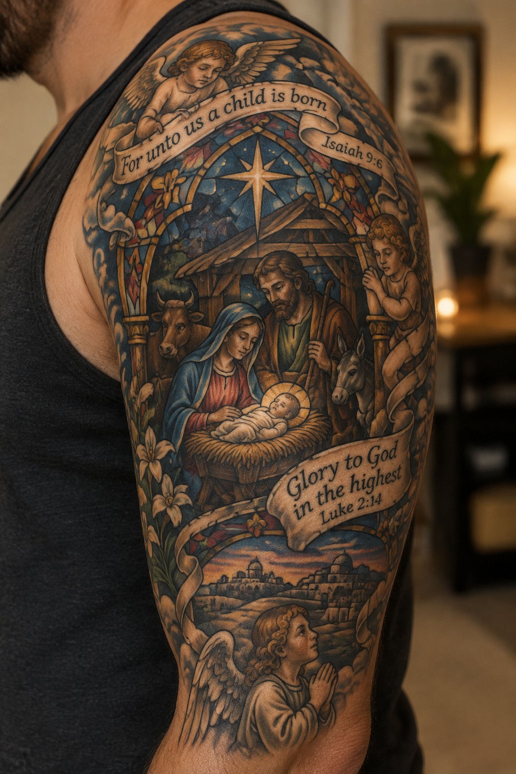 Detailed shoulder tattoo of nativity scene with angels, manger, and Bible verse banners