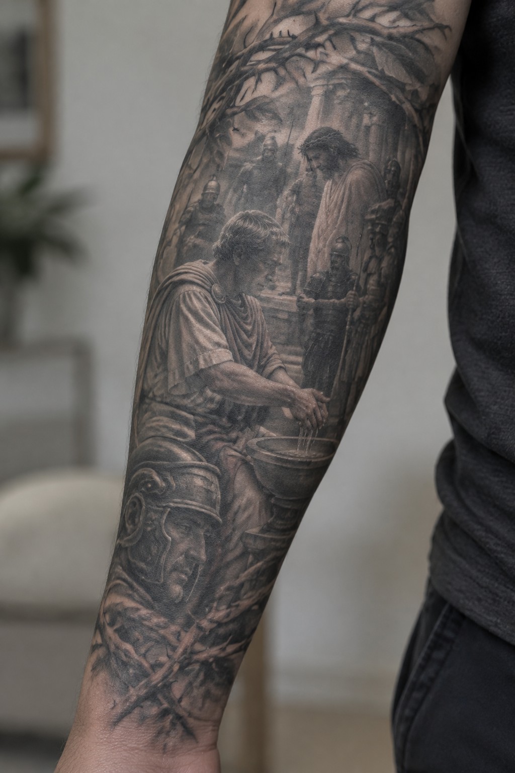 Grayscale tattoo on arm showing robed man washing hands amid Roman soldiers and thorns.