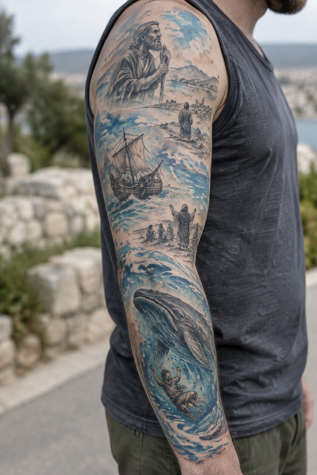 Man's arm in gray tank top with blue-black tattoo of Jesus, ship, and whale.