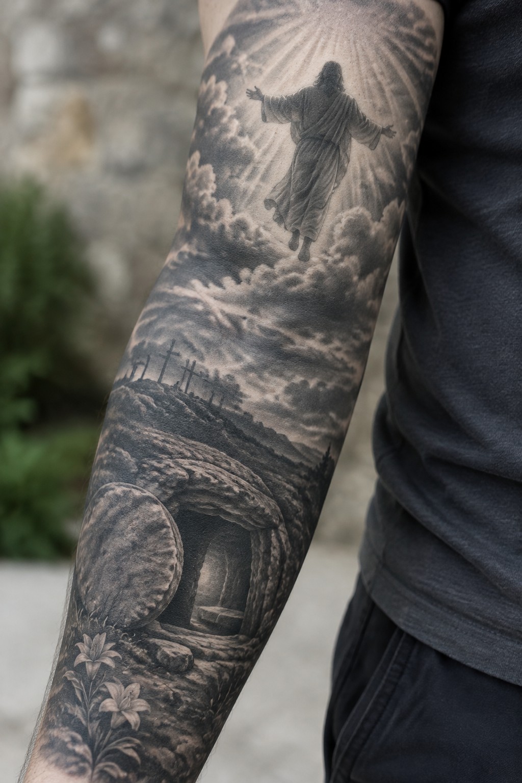 Black-and-gray tattoo on arm showing Jesus ascending over empty tomb and crosses.