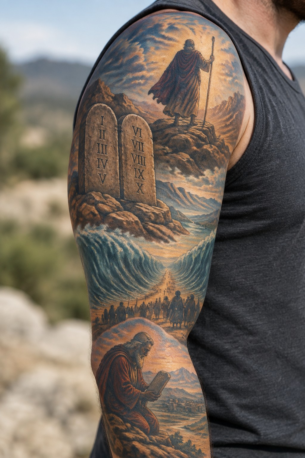 Vibrant tattoo on man's arm showing Moses with Ten Commandments and Red Sea scene