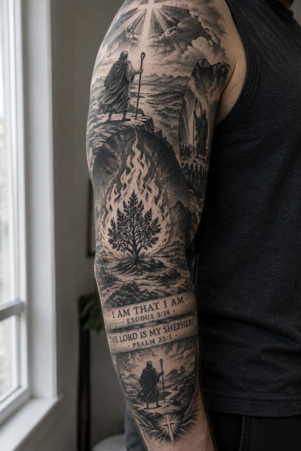 Black and gray tattoo sleeve on arm with biblical scenes, burning bush, and scripture banners.