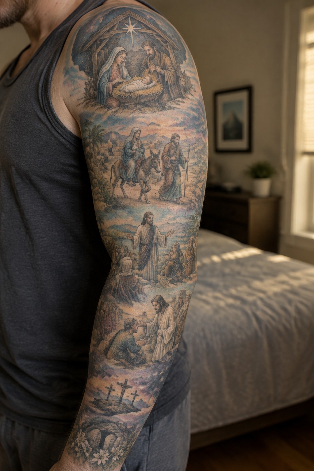 Colorful biblical tattoo sleeve on muscular arm in gray tank top, nativity to resurrection scenes