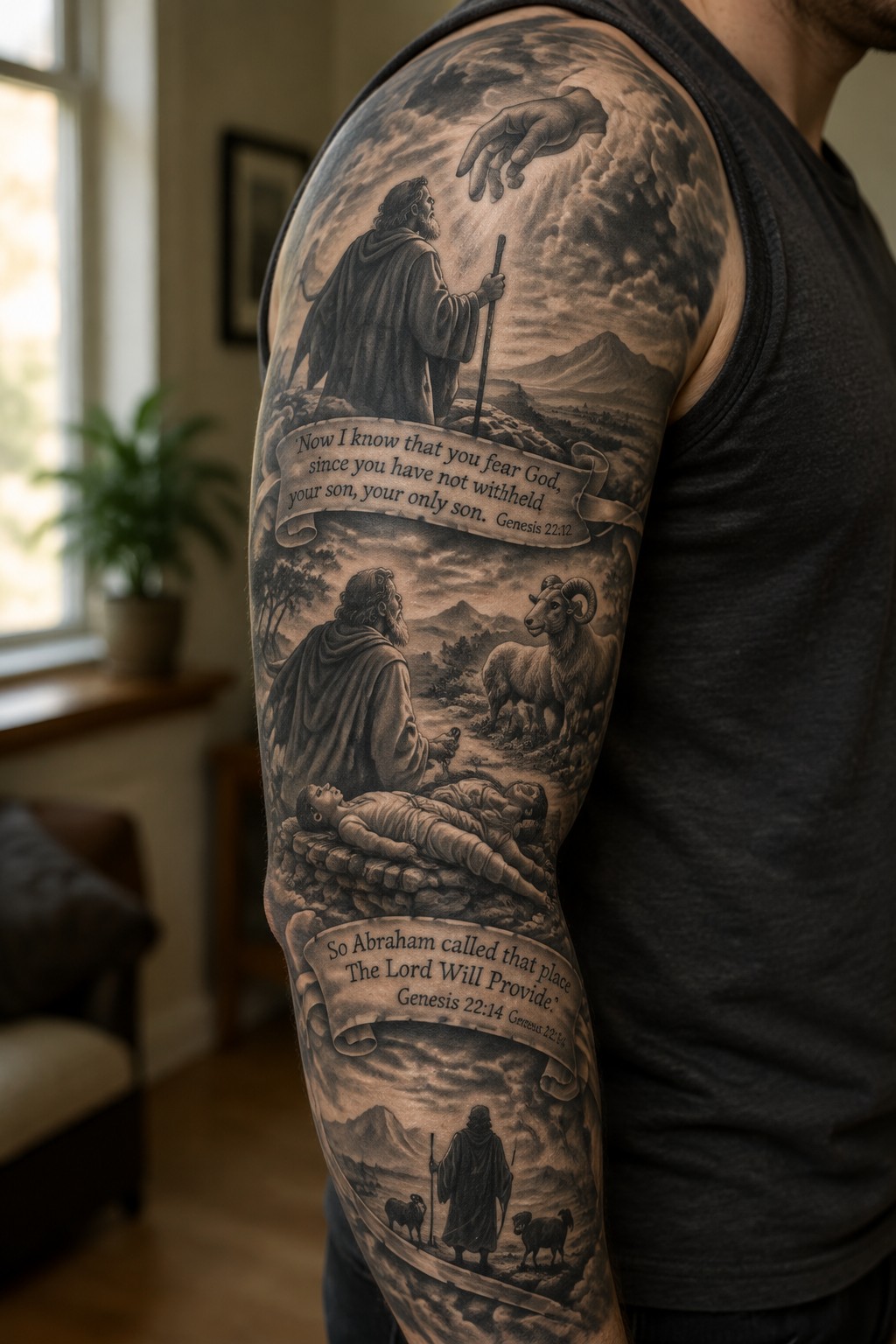 Grayscale tattoo sleeve on arm depicting Abraham and Isaac scenes with Bible verse banners